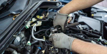 KFZ Mechatroniker arbeitet an einem Motor